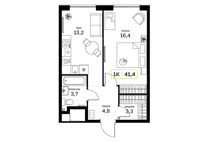 План просторной 1-комнатной квартиры 41.4 м²